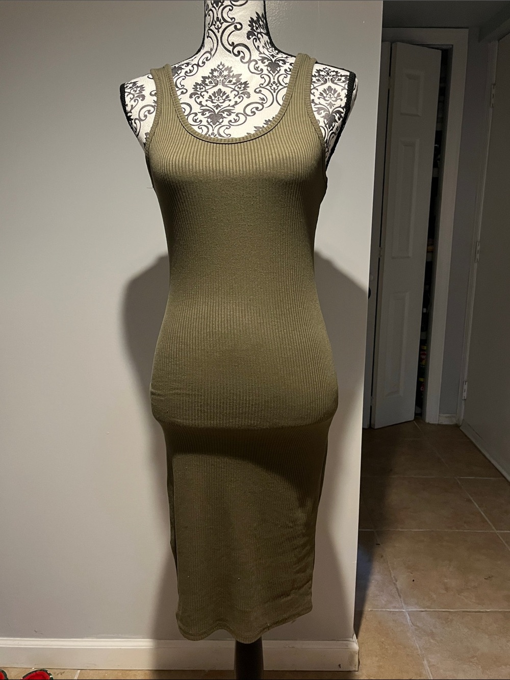 Sleeveless Ribbed Tank Midi Dress - Olive Green